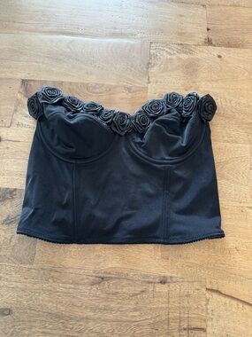 Vintage La Senza Black Floral Trim Bustier corset rosette Top